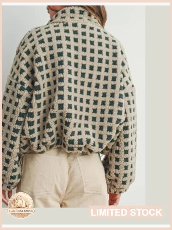 Long Sleeve Cropped Sherpa Fleece Jacket Plaid Teddy Oversized Chunky Outerwear - Picture 3 of 7